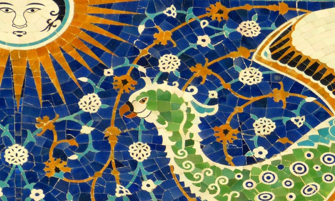 colorful tile mural showing a bird and sun